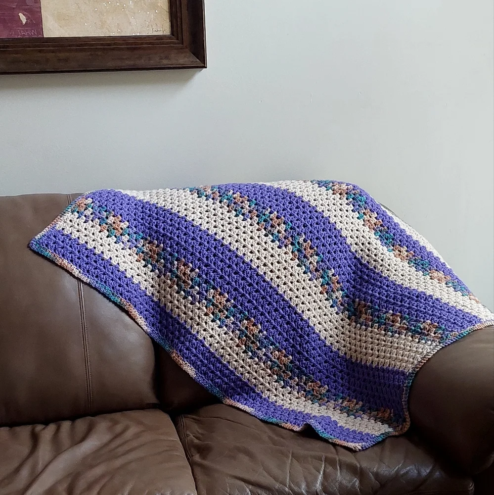 Afghan Crochet Lap Blanket Throw Purple Beige 36